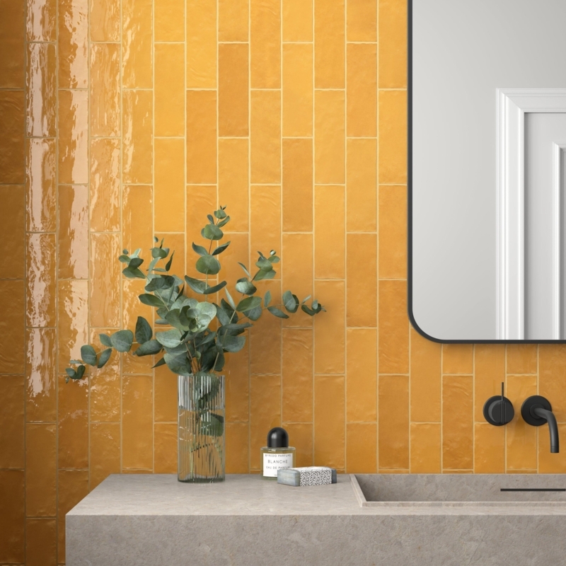 Wall Tile Mustard Yellow Glossy Vertical Stack Bond Zellige Style