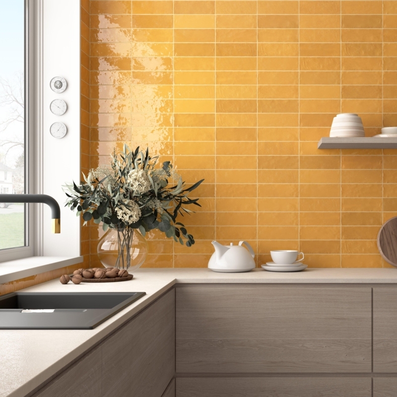 Wall Tile Mustard Yellow Glossy Zellige Texture Running Bond Kitchen