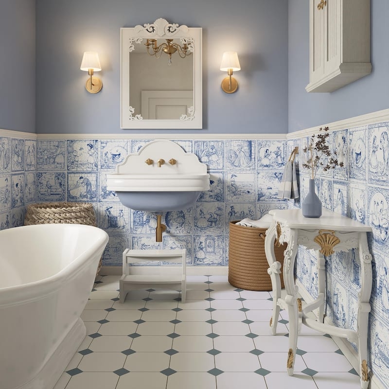 Wall Tile Narrative Art Blue And White Toile Ornate Vanity Styling