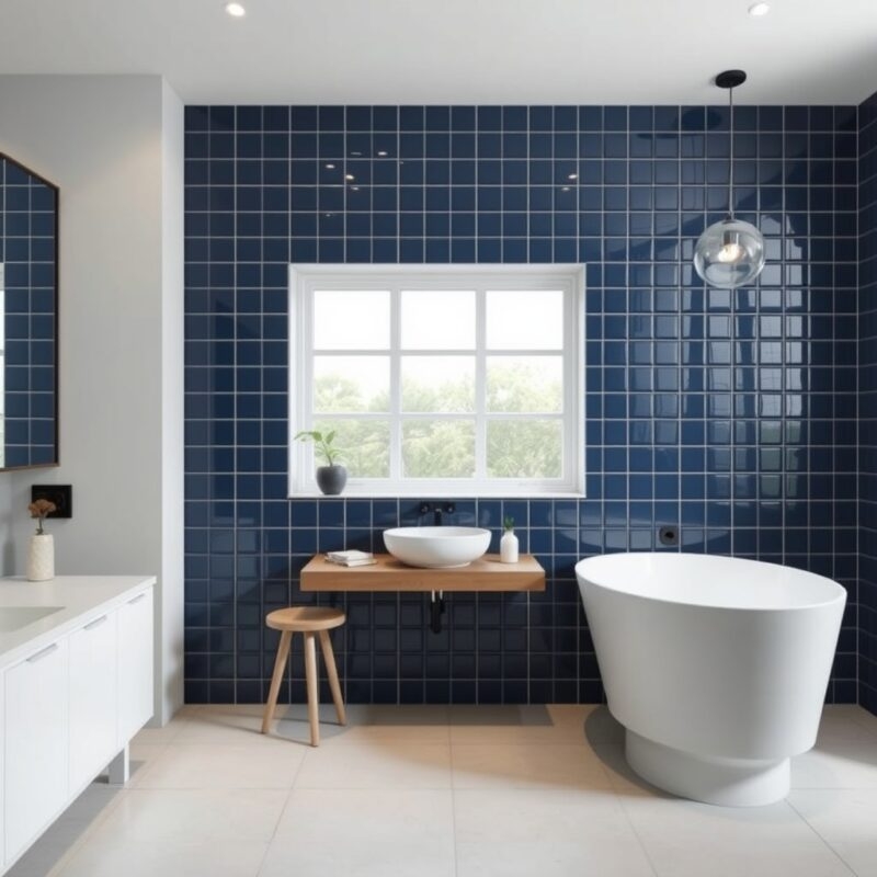 Wall Tile Navy Blue Glossy Square Grid Pattern Bathroom