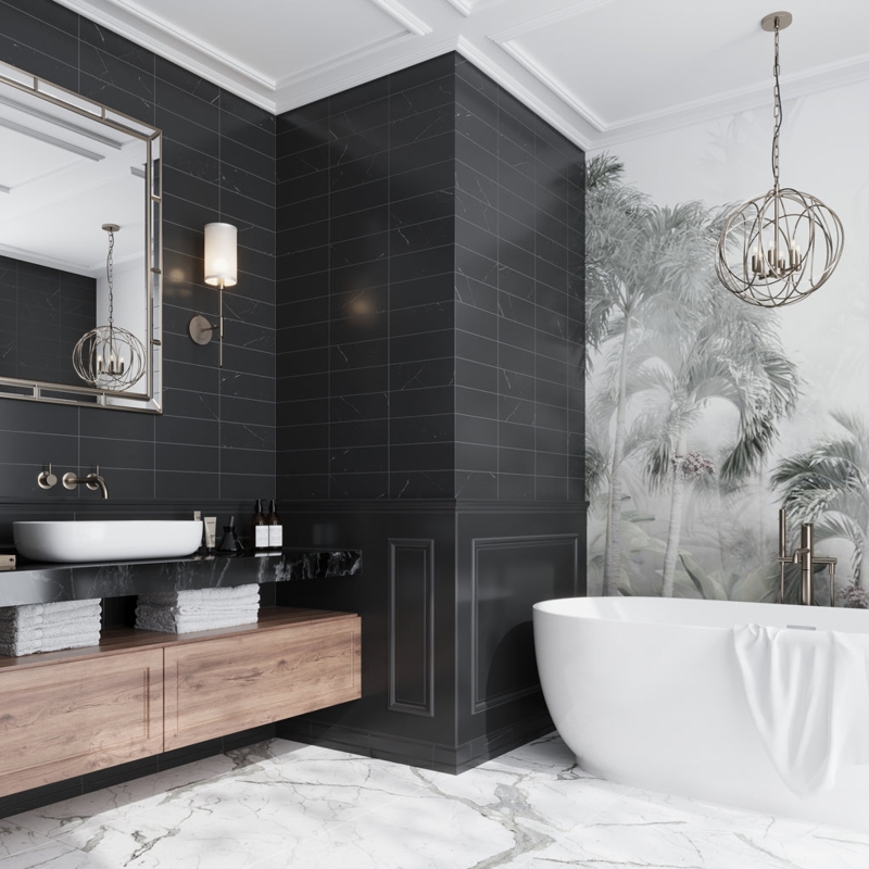 Wall Tile Polished Black Marble Subway Stone Look