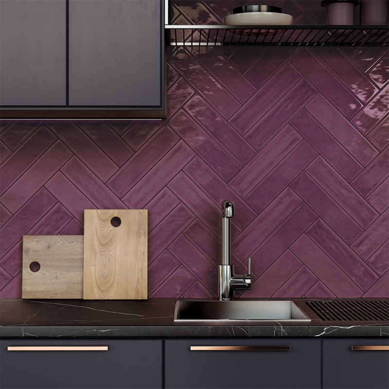 Wall Tile Polished Burgundy Ceramic Herringbone Backsplash