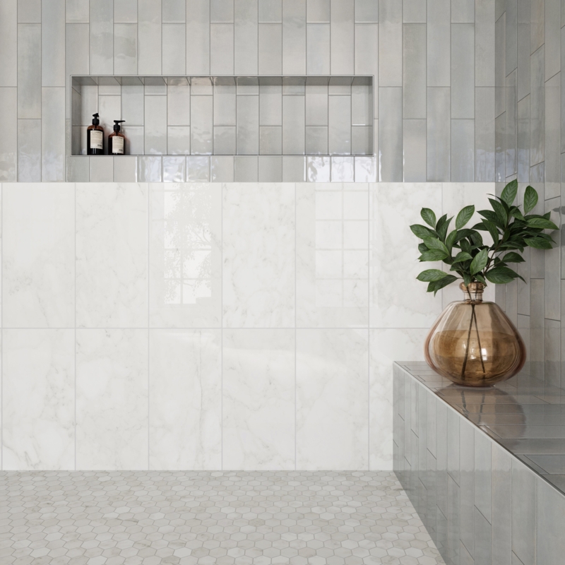 Wall Tile: Polished Carrara Bianco Porcelain with Mixed Mosaic Accents