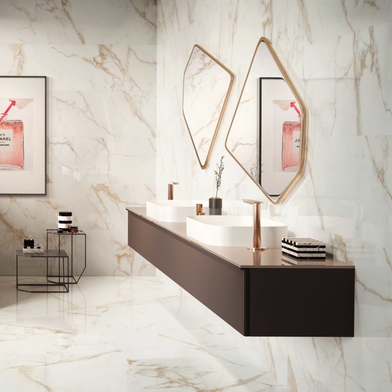 Wall Tile Polished Ceramic Calacatta Gold Veining Luxury Bathroom Tile