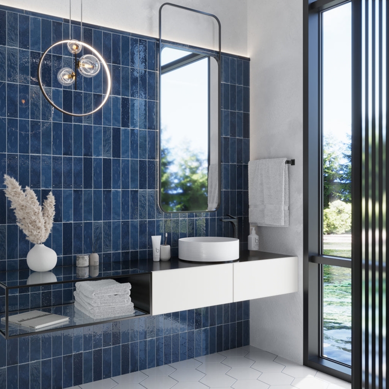 Wall Tile Polished Dark Blue Vertical Stack Subway Layout
