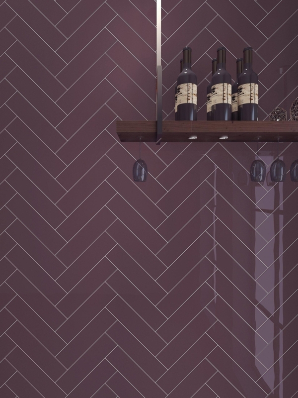 Wall Tile Polished Plum Ceramic Herringbone Pattern Glossy Accent