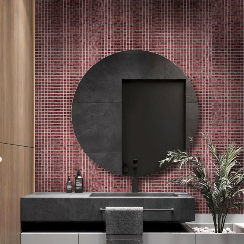 Wall Tile Reflective Foiled Burgundy Glass Mosaic Squares