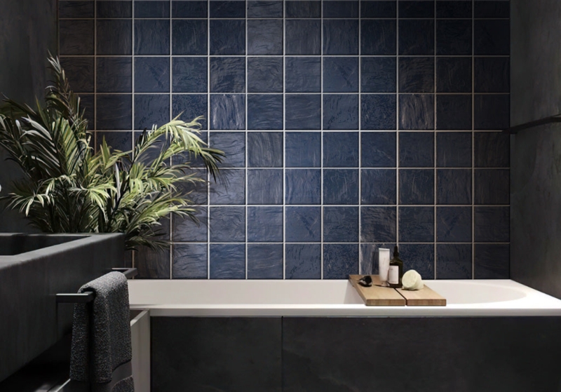 Wall Tile Rippled Navy Blue Glossy Square Ceramic Texture