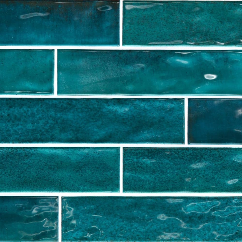 Wall Tile Rippled Texture in Deep Teal, Glossy Artisanal Glaze