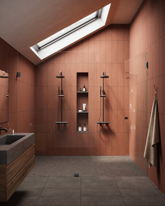 Wall Tile Rust Terracotta Look Vertical Stack Minimalist Spa