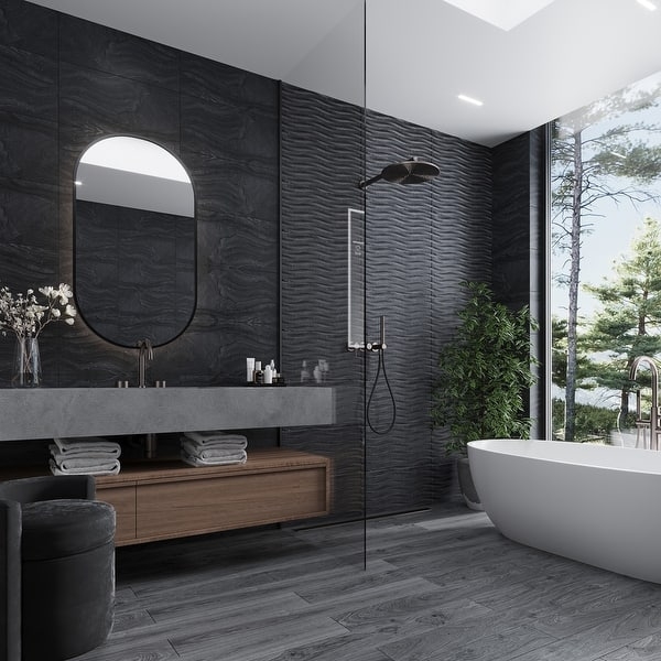 Wall Tile Sculpted Wavy Texture Matte Coal Black Backlit Mirror