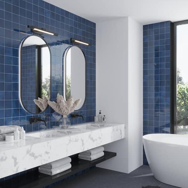 Wall Tile Square Grid Glossy Ceramic with Marble Vanity