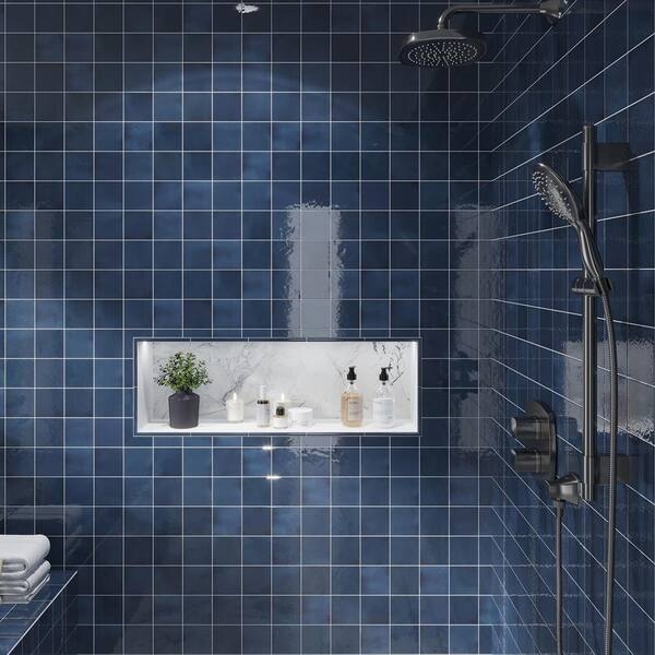 Wall Tile Square Navy Blue Glossy Grid Layout Shower