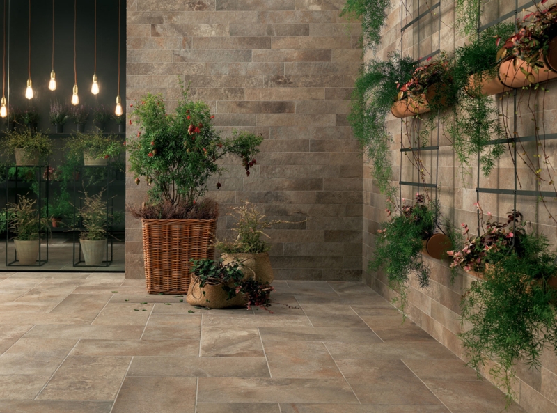 Wall Tile Stone Look with Vertical Greenery, Patio Garden