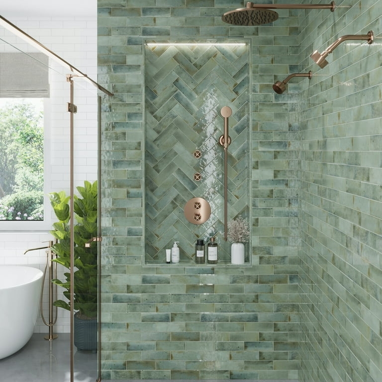 Wall Tile Subway Glossy Sage Green Herringbone Niche Copper Shower Spa