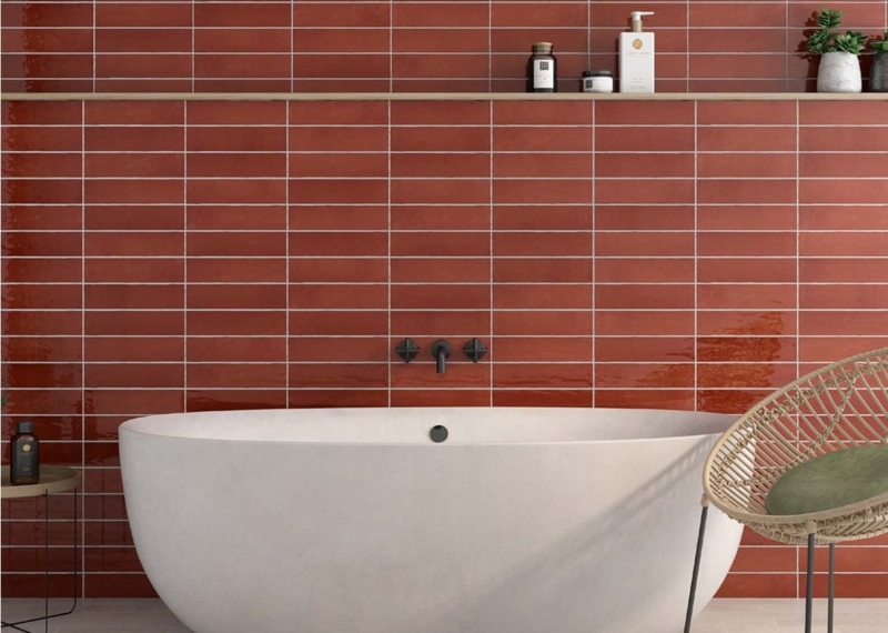 Wall Tile Terracotta Red Glossy Stacked Bond Modern Bohemian Bathroom