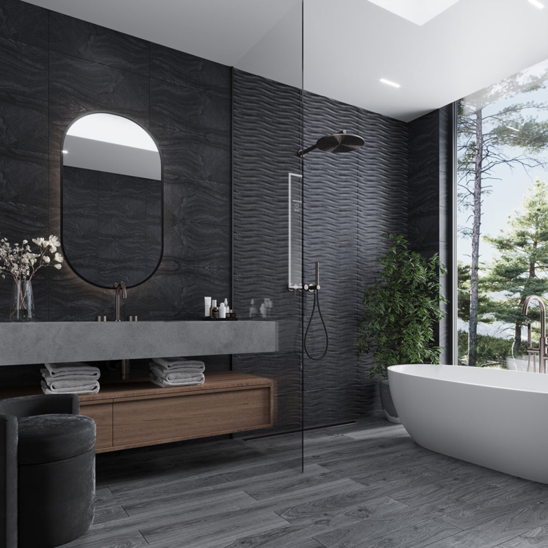 Wall Tile Textured Coal Black Tiles Matte Wavy Pattern Modern Spa