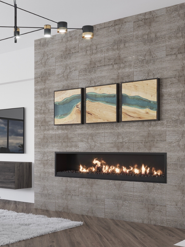 Wall Tile: Textured Geometric Taupe Tile for Linear Fireplace