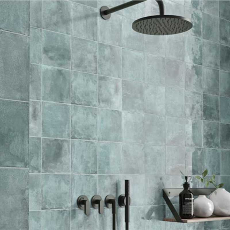 Wall Tile: Turquoise Glossy Square Zellige Style Matte Black Shower Fixtures