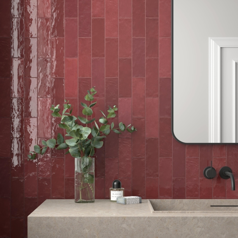Wall Tile Undulating Glossy Bordeaux Vertical Stack Pattern