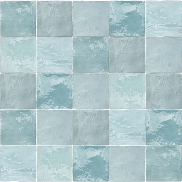 Wall Tile Variegated Aqua Glossy Handmade Ceramic Coastal