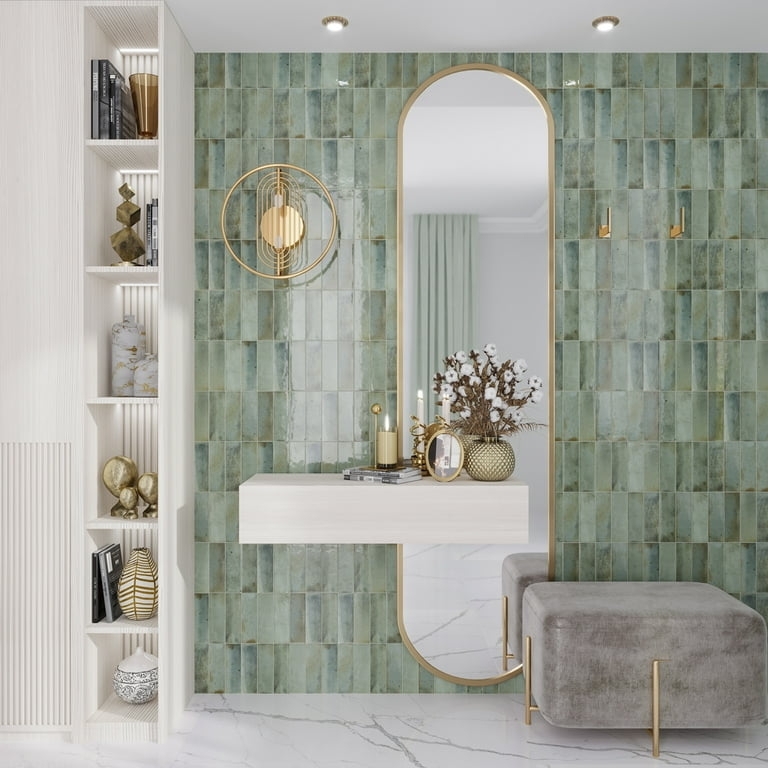 Wall Tile Vertical Sage Green Glossy Subway Glam Gold Accent