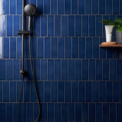 Wall Tile Vertical Stack Bond Glossy Navy Matte Black Fixtures