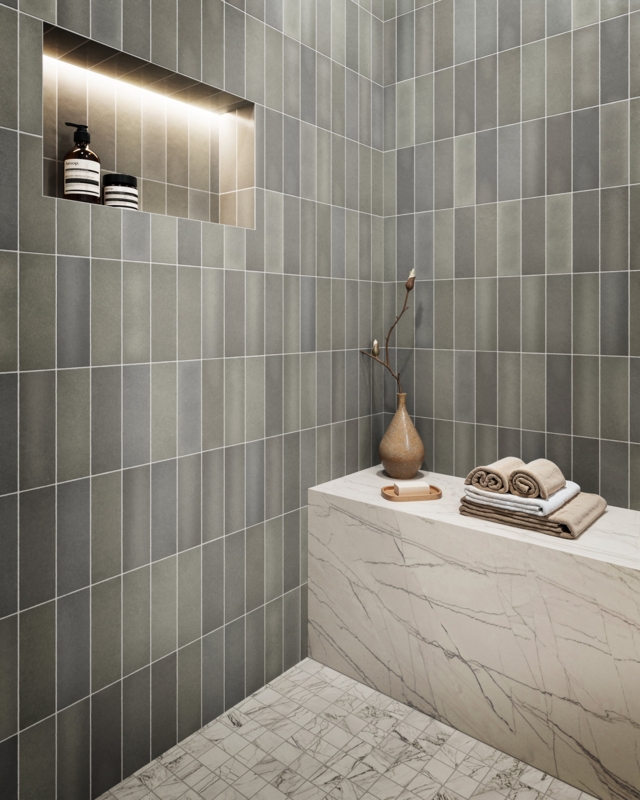 Wall Tile Vertically Stacked Pebble Gray Matte Organic Modern Shower