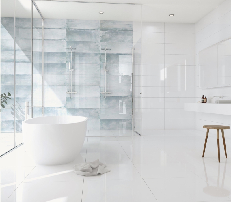 Wall Tile Watercolor Blue Accent with Double Shower Setup