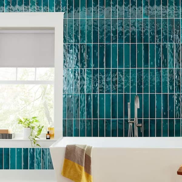 Wall Tile Wavy Glossy Finish, Vertical Stack Deep Teal for Bathroom