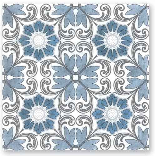 Wall Tile White Blue Floral Scroll Pattern Matte Stone Medallion
