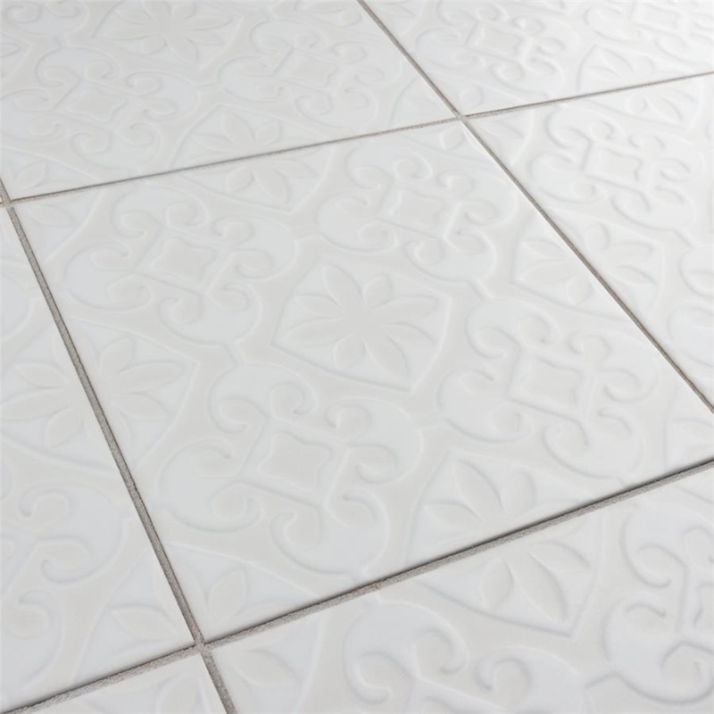Wall Tile White Embossed Damask Pattern Satin Relief Elegant