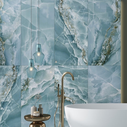 Wall Tile with Glossy Blue Onyx Effect and Gold Accents