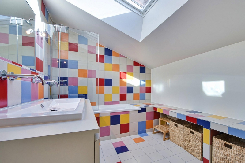 Wall Tiles Attic Layout Glossy Finish Colorful Bathroom