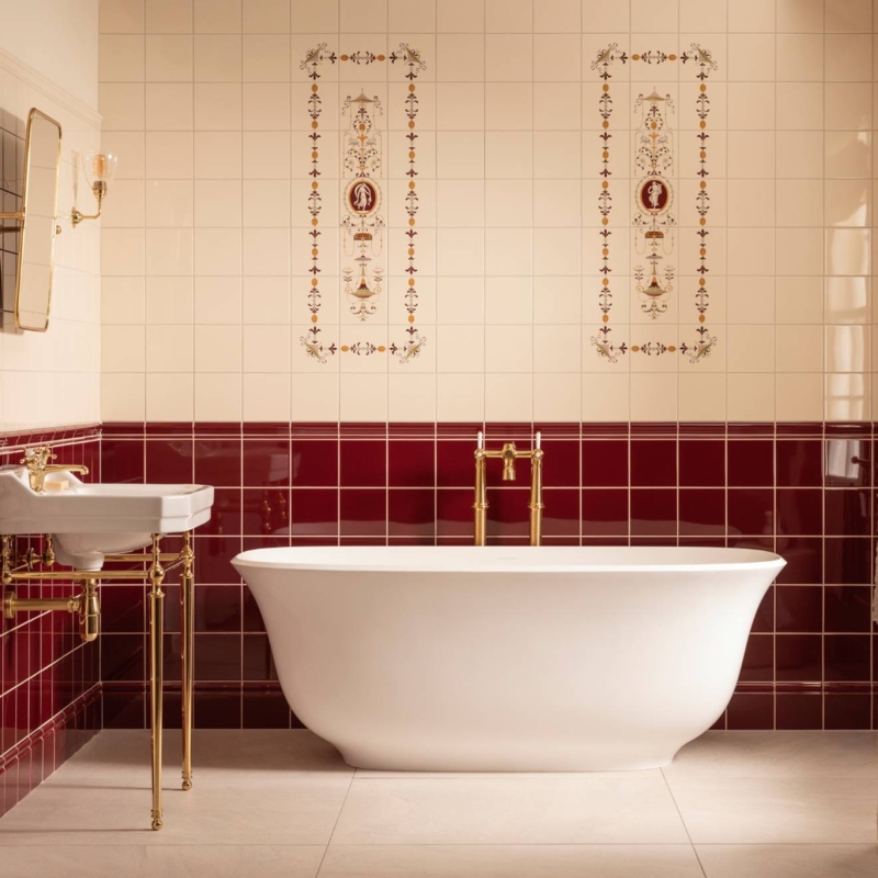 Wall Tiles Burgundy Wainscot with Cameo Inserts Traditional
