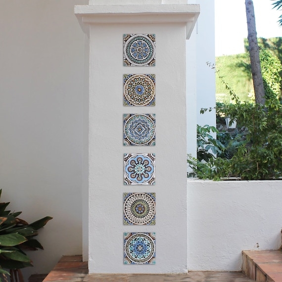 Wall Tiles in Vertical Stack with Matte Blue Mandala Pattern
