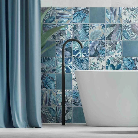 Wall Tiles Tropical Botanical Pattern Blue Monochrome Matte Black