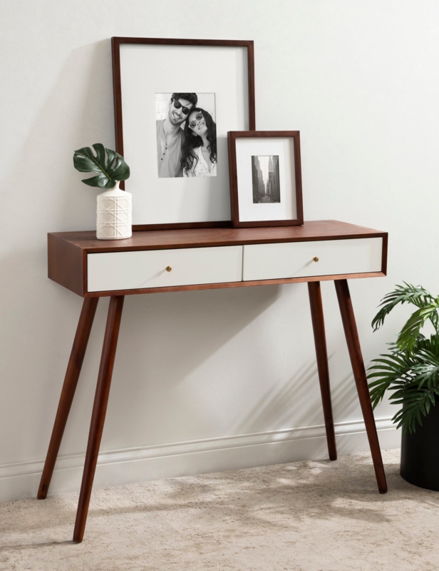 Walnut and White Console Table with Two Drawers and Brass Knobs