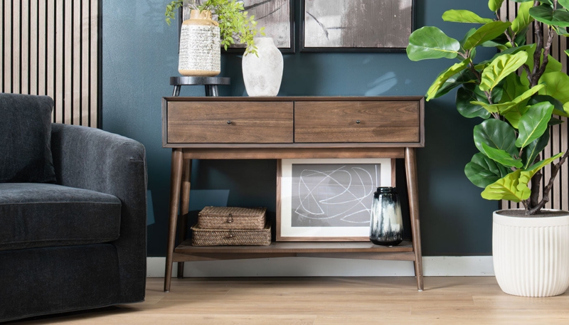 Walnut Console Table with Two Drawers and Shelf