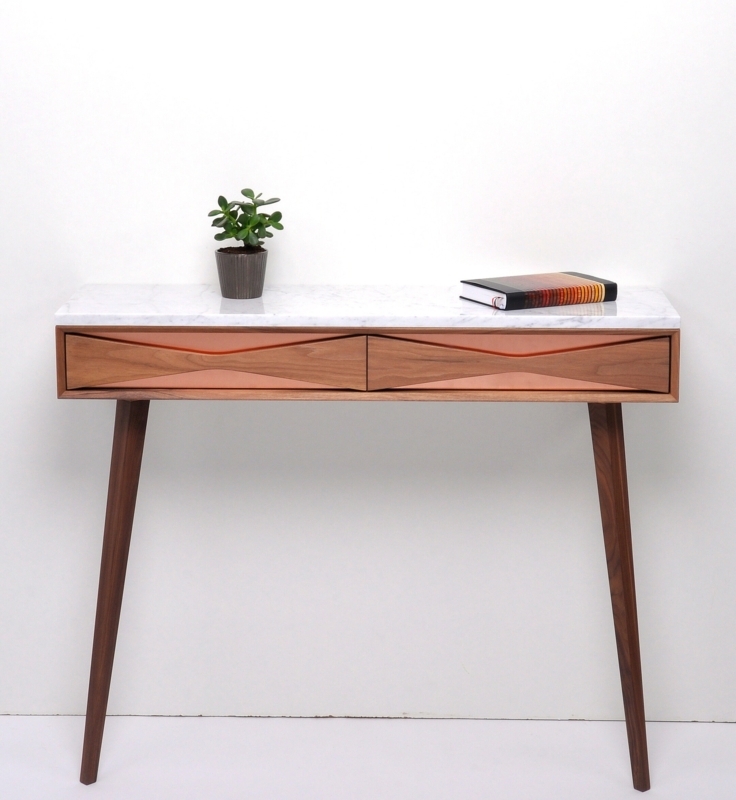 Walnut Console Table with White Top and Copper Drawer Accents