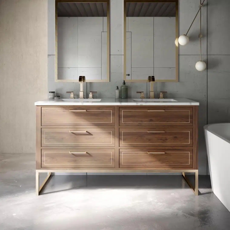 Walnut Double Bathroom Vanity, Slim Gold Handles & Metal Base