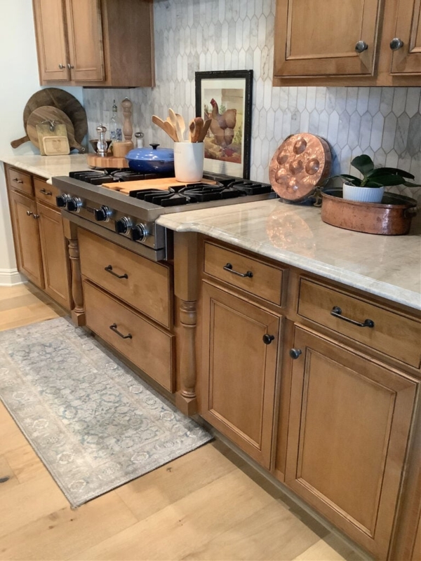 Warm Kitchen Design: Medium Brown Cabinets, Picket Tile Backsplash