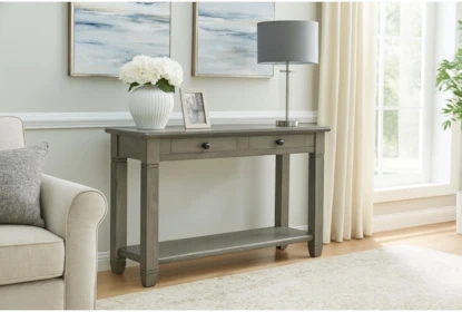 Wash Finish Console Table Dual Storage Drawers Open Shelf
