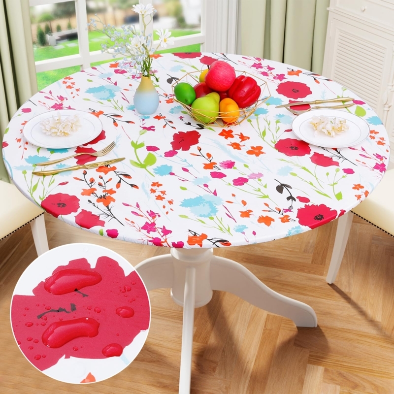 Waterproof Tablecloth Round Fitted Floral Print Red Poppy Cottagecore