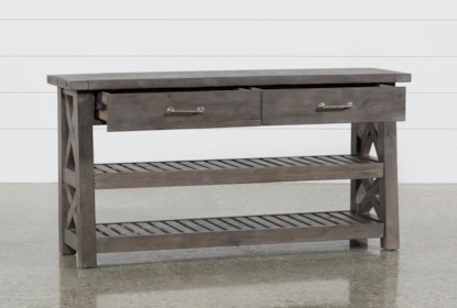 Weathered Wood Console Table X-Side Braces Slatted Shelves