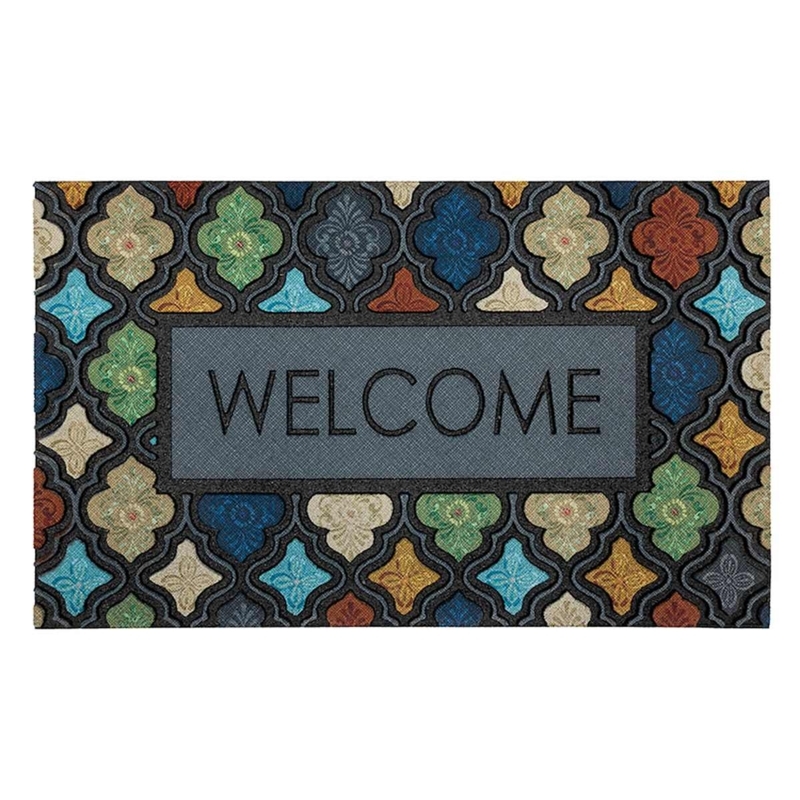 Welcome Doormat Multicolor Lattice Border Grey Panel Patterned Mat