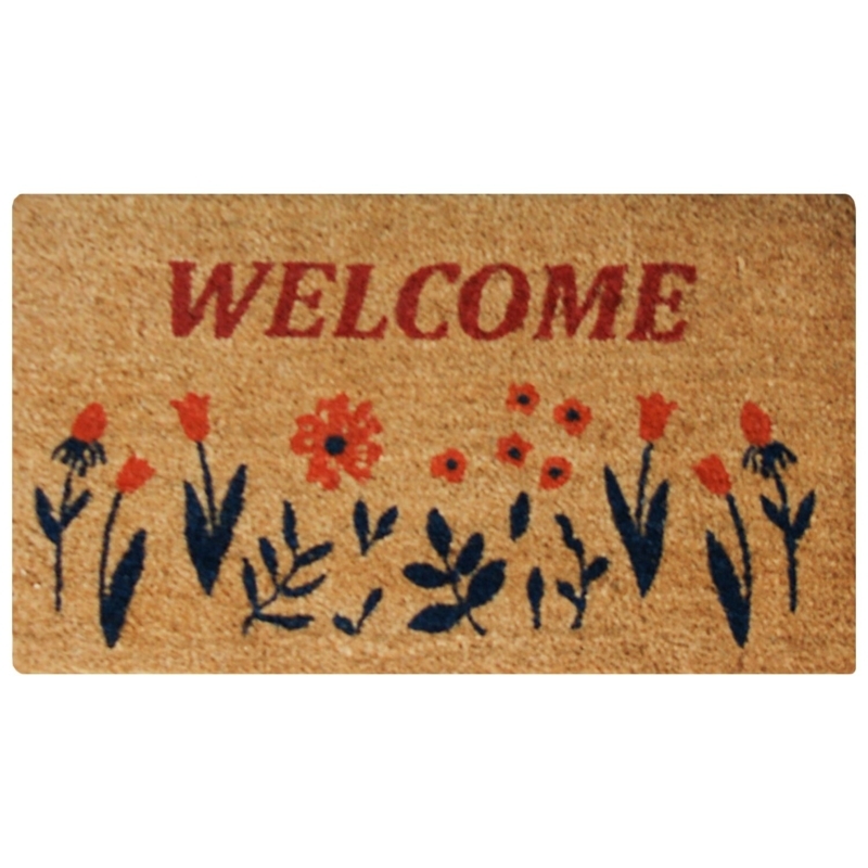 Welcome Mat Bold Red Text Stylized Floral Motif Coir Cottagecore Porch