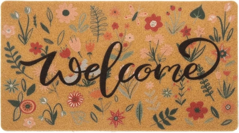 Welcome Mat Botanical Print With Cursive Script And Natural Fiber Look