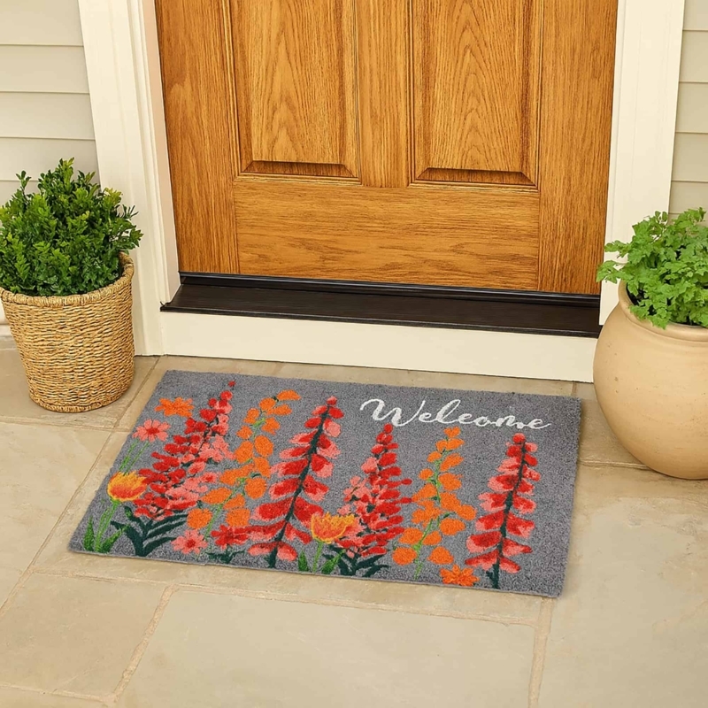 Welcome Mat Gray Coir Base Tall Floral Print White Script Vibrant Decor