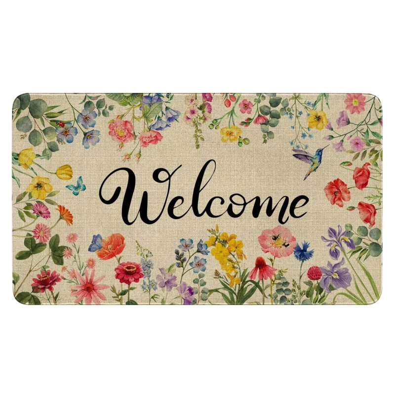 Welcome Mat Rounded Corners Botanical Border Script Text Hummingbird